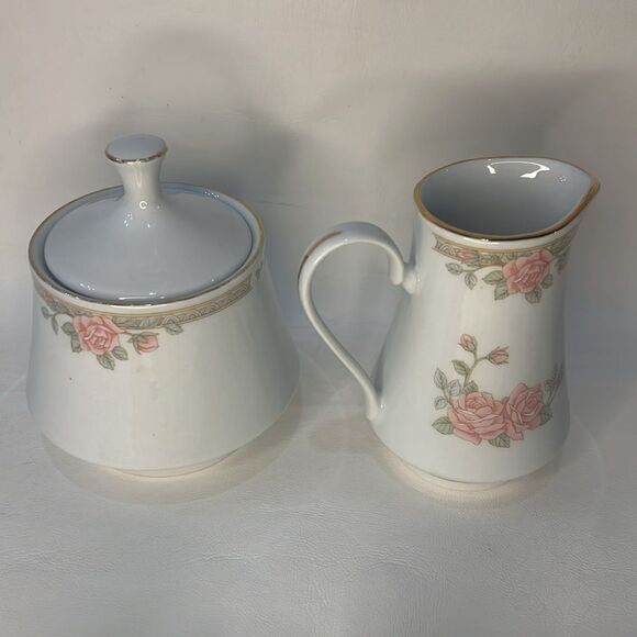 Crown Ming Fine China 8 Oz Creamer And 2 Cup Sugar Bowl Rose Floral Gold Trimmed - Picture 2 of 11